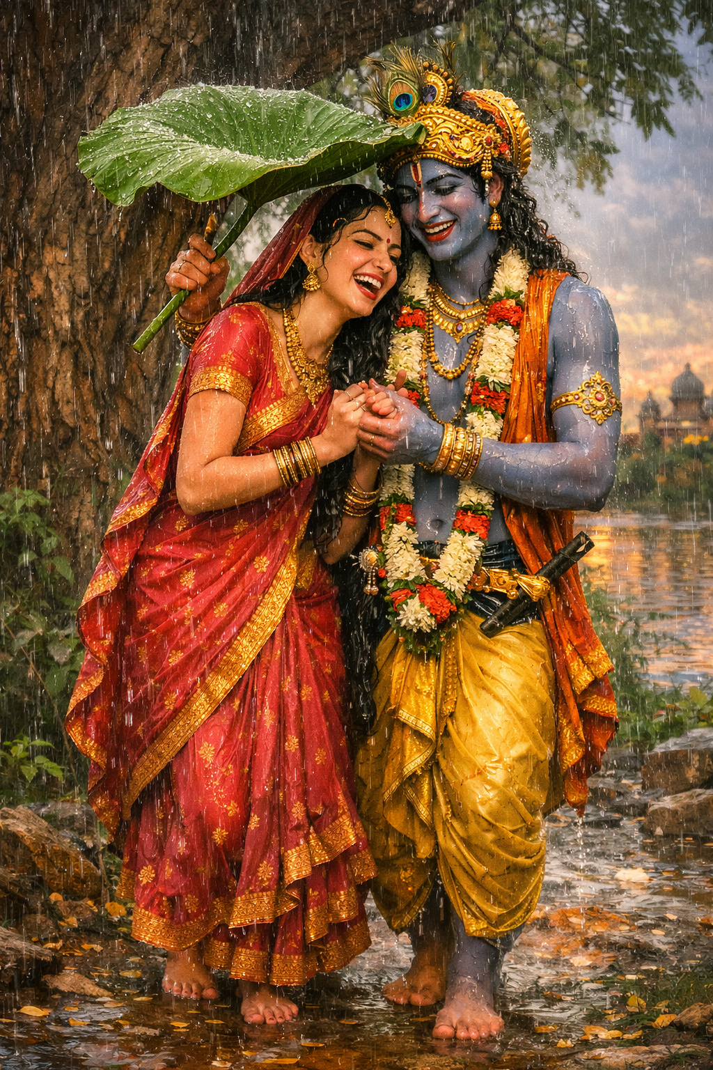 Radha and Krishna standing under a tree in heavy monsoon rain with Krishna holding lotus leaf umbrella over Radha — HD wallpaper